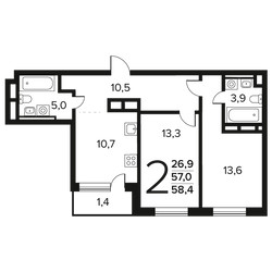 Планировка двухкомнатной(квартира) площадью 58.4 квадратных метров в ЖК “Новые Ватутинки. Заречный”