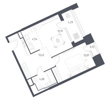 Планировка однокомнатной(апартаменты) площадью 53.84 квадратных метров в “ЖК Скай Спутник”