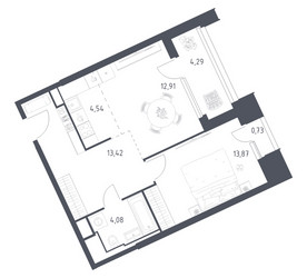 Планировка однокомнатной(апартаменты) площадью 53.84 квадратных метров в ЖК “ЖК Скай Спутник”