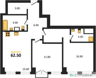 Планировка двухкомнатной(квартира) площадью 62.5 квадратных метров в ЖК “ЖК Emotion (Эмоушен)”