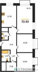 Планировка трехкомнатной(квартира) площадью 72.43 квадратных метров в ЖК “ЖК Новоград Павлино”