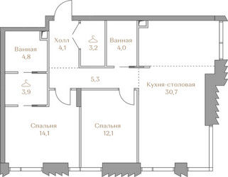 Планировка двухкомнатной(квартира) площадью 82.2 квадратных метров в ЖК “ЖК Коллекция Лужники”