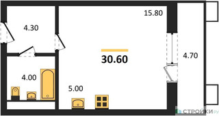 Планировка студии(квартира) площадью 30.6 квадратных метров в “ЖК Пироговская Ривьера”