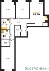 Планировка трехкомнатной(квартира) площадью 84.6 квадратных метров в ЖК “ЖК Детали”
