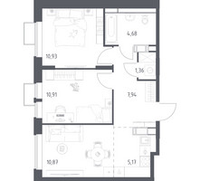 Планировка двухкомнатной(квартира) площадью 51.86 квадратных метров в “ЖК Большое Путилково”