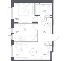 Планировка двухкомнатной(квартира) площадью 51.86 квадратных метров в ЖК “ЖК Большое Путилково”