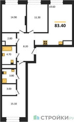 Планировка трехкомнатной(квартира) площадью 83.4 квадратных метров в ЖК “ЖК Детали”