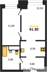 Планировка однокомнатной(квартира) площадью 41.3 квадратных метров в ЖК “ЖК Мираполис”