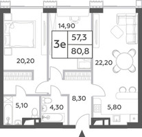 Планировка трехкомнатной(квартира) площадью 80.8 квадратных метров в “ЖК Will Towers (Вилл Тауэрс)”