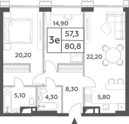 Планировка трехкомнатной(квартира) площадью 80.8 квадратных метров в ЖК “ЖК Will Towers (Вилл Тауэрс)”