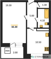 Планировка однокомнатной(квартира) площадью 42.2 квадратных метров в “ЖК Три квартала”