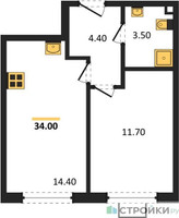 Планировка однокомнатной(квартира) площадью 34 квадратных метров в “ЖК Лучи-2”