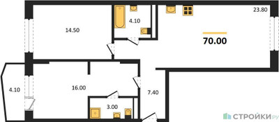 Планировка двухкомнатной(квартира) площадью 70 квадратных метров в ЖК “ЖК "Коллекция"”