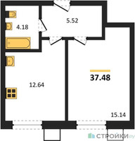 Планировка однокомнатной(квартира) площадью 37.48 квадратных метров в “ЖК Бархат”