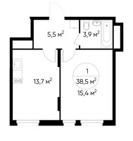 Планировка однокомнатной(квартира) площадью 38.5 квадратных метров в “ЖК Переделкино Ближнее”