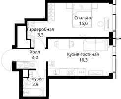 Планировка однокомнатной(квартира) площадью 42.7 квадратных метров в “ЖК Сити Бэй”