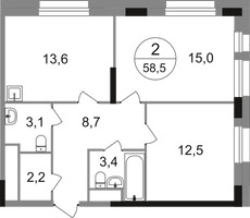 Планировка двухкомнатной(квартира) площадью 58.5 квадратных метров в “ЖК Первый Московский”