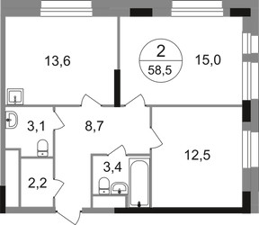 Планировка двухкомнатной(квартира) площадью 58.5 квадратных метров в ЖК “ЖК Первый Московский”