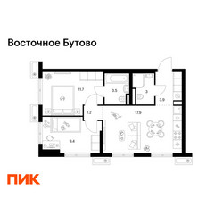 Планировка двухкомнатной(квартира) площадью 50.6 квадратных метров в ЖК “ЖК Восточное Бутово”