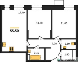 Планировка двухкомнатной(квартира) площадью 55.5 квадратных метров в “ЖК Первый Московский”
