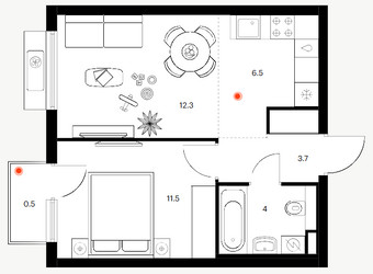 Планировка однокомнатной(квартира) площадью 38.5 квадратных метров в ЖК “ЖК Белая Дача парк”