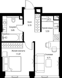 Планировка однокомнатной(квартира) площадью 38.21 квадратных метров в ЖК “ЖК Сити Бэй”