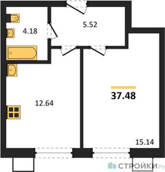 Планировка однокомнатной(квартира) площадью 37.48 квадратных метров в ЖК “ЖК Бархат”