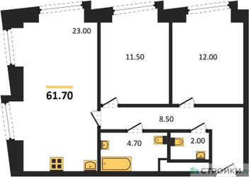 Планировка двухкомнатной(квартира) площадью 61.7 квадратных метров в ЖК “ЖК Обручева 30”