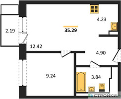 Планировка однокомнатной(квартира) площадью 35.29 квадратных метров в “ЖК Новое Видное”