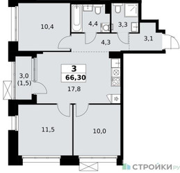 Планировка трехкомнатной(квартира) площадью 66.3 квадратных метров в ЖК “ЖК Прокшино”