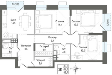 Планировка трехкомнатной(квартира) площадью 82.7 квадратных метров в ЖК “ЖК КИНОКВАРТАЛ”