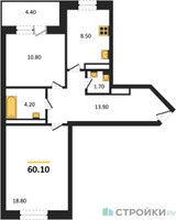 Планировка двухкомнатной(квартира) площадью 61.9 квадратных метров в “ЖК Три квартала”