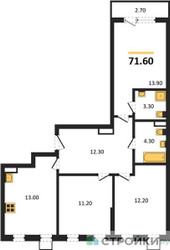 Планировка трехкомнатной(квартира) площадью 71.6 квадратных метров в ЖК “ЖК Деснаречье”
