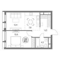 Планировка однокомнатной(квартира) площадью 49.3 квадратных метров в “ЖК Дом 56”