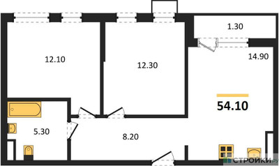 Планировка двухкомнатной(квартира) площадью 54.1 квадратных метров в ЖК “ЖК Южные сады”