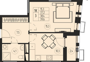 Планировка однокомнатной(квартира) площадью 38.4 квадратных метров в “ЖК Премиум”