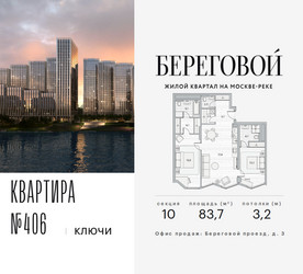 Планировка трехкомнатной(квартира) площадью 83.7 квадратных метров в ЖК “ЖК Береговой-2”