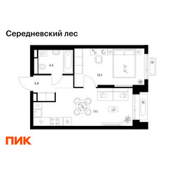 Планировка однокомнатной(квартира) площадью 38.5 квадратных метров в ЖК “ЖК Середневский лес”