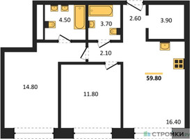 Планировка двухкомнатной(квартира) площадью 59.8 квадратных метров в “ЖК Moments (Моментс)”
