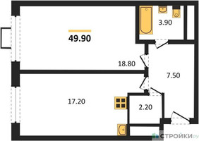 Планировка однокомнатной(квартира) площадью 49.9 квадратных метров в “ЖК Вереск”