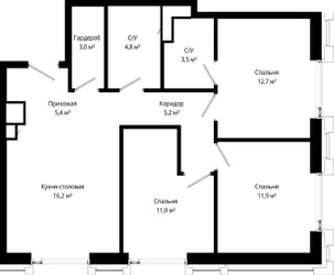 Планировка трехкомнатной(квартира) площадью 73.7 квадратных метров в ЖК “ЖК Сити Бэй”