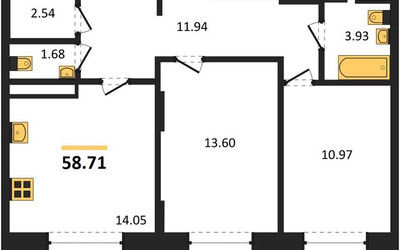 Планировка двухкомнатной(квартира) площадью 58.71 квадратных метров в ЖК “ЖК Новотомилино”