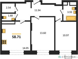 Планировка двухкомнатной(квартира) площадью 58.71 квадратных метров в “ЖК Новотомилино”