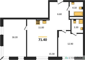 Планировка двухкомнатной(квартира) площадью 71.4 квадратных метров в “ЖК Детали”
