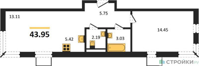 Планировка однокомнатной(квартира) площадью 43.95 квадратных метров в ЖК “ЖК Квартал Западный”