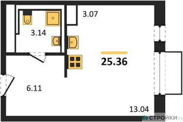 Планировка студии(квартира) площадью 25.36 квадратных метров в ЖК “ЖК Томилино Парк”