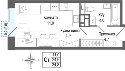 Планировка студии(квартира) площадью 24.6 квадратных метров в ЖК “ЖК КИНОКВАРТАЛ”