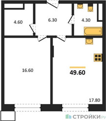 Планировка однокомнатной(квартира) площадью 49.6 квадратных метров в ЖК “ЖК Резиденции Сколково”