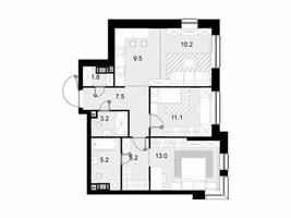 Планировка двухкомнатной(квартира) площадью 66.7 квадратных метров в “ЖК Трилогия Кристалл”