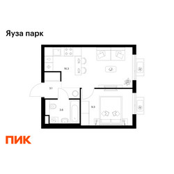 Планировка однокомнатной(квартира) площадью 32.3 квадратных метров в ЖК “ЖК Яуза Парк (Мытищи)”